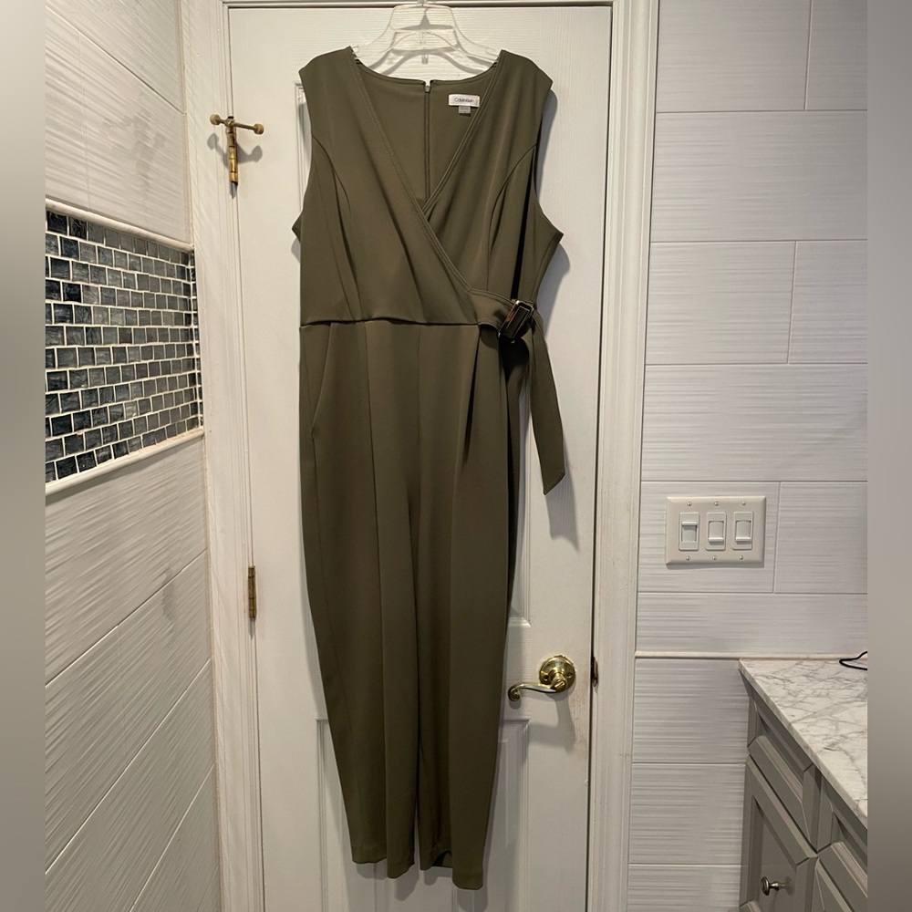 Calvin Klein Green/Olive Jumpsuit With Brown Tortoise Pattern Belt|Used